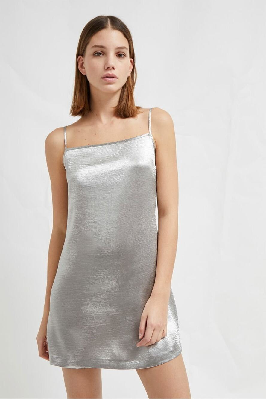 French Connection Kate Shine Strappy Silver Satin Slip Mini Dress Size 4